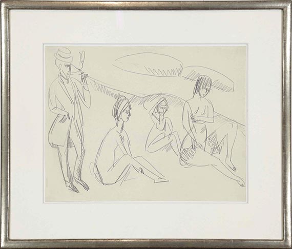 Ernst Ludwig Kirchner - Drei sitzende nackte Mädchen und Pfeife rauchender Maler am Strand - Image du cadre