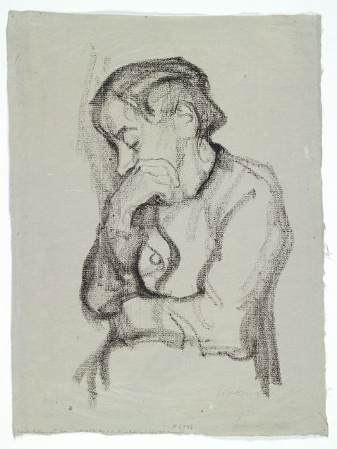 Käthe Kollwitz - Halbfigur einer Frau mit der rechten Hand den Mund bedeckend