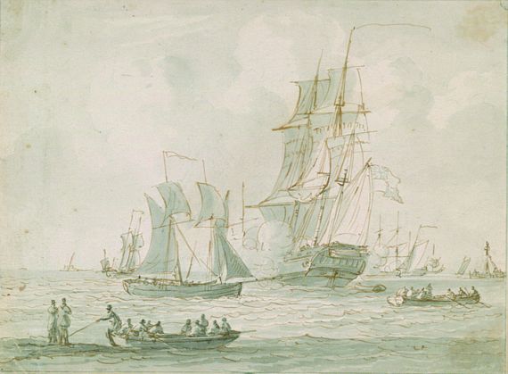  Niederländischer Marinemaler - Englisches Kriegsschiff, Ruderboote und andere Segelschiffe vor der Küste