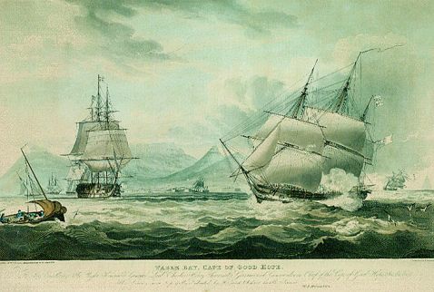  Schiffsgrafik - Table Bay, Cape of Good Hope. Englische Kriegsschiffe vor dem Kap der Guten Hoffnung