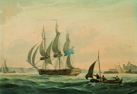 William Heath - Englisches Kriegsschiff und Segelboot vor der Küste