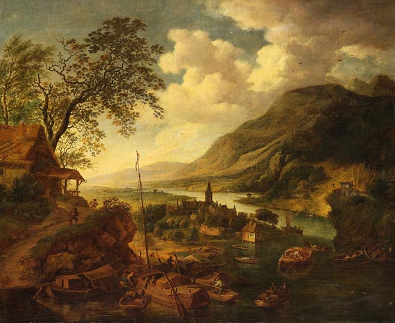 Jan Griffier - oder Robert Griffier um 1675 England - Amsterdam nach 1726 - Berglandschaft mit Anlegeplatz bei einem Dorf
