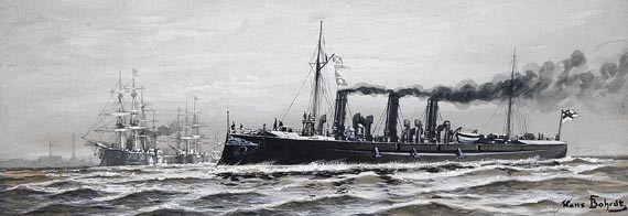 Hans Bohrdt - Kleines Kriegsschiff der Kaiserlichen Marine in Begleitung großer Dampfsegelschiffe vor Küste mit Leuchtturm
