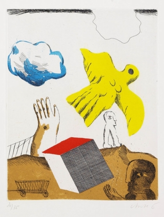 Horst Antes - Komposition mit großem gelben Vogel und Würfel