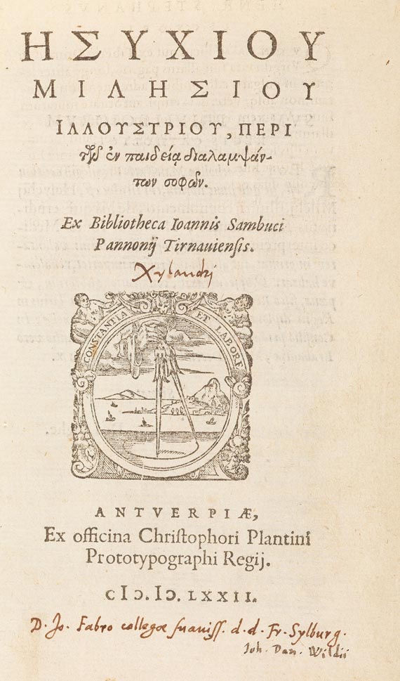  Hesychius Milesius - Peri ton en paideia. 2 Tle. in 1 Bd. 1572.