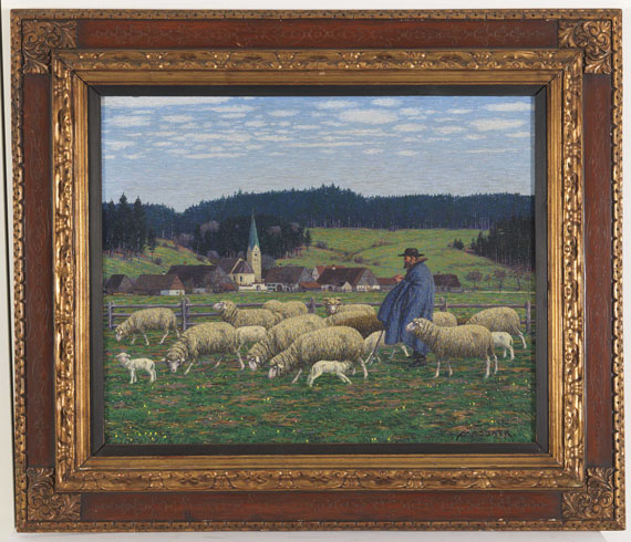 Josef Madlener - Hirte mit seinen Schafen am Dorfrand - Image du cadre