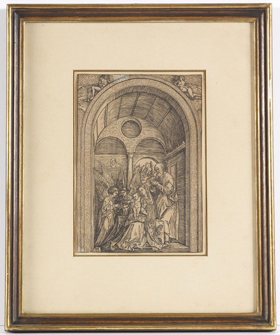 Albrecht Dürer - Die Heilige Familie mit zwei Engeln in der gewölbten Halle - Image du cadre