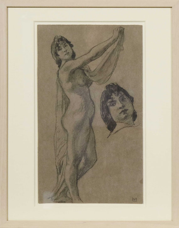 Ludwig von Hofmann - Studienblatt mit stehendem weiblichem Akt mit Tuch sowie Kopfstudie - Image du cadre