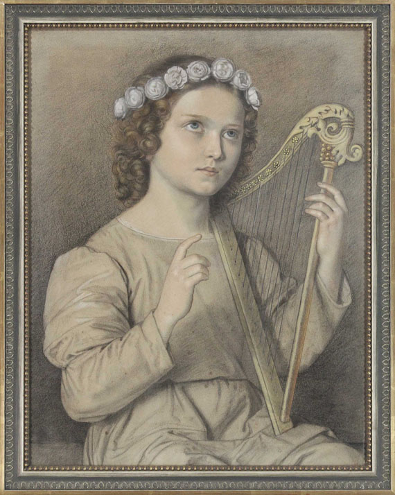 Marie Ellenrieder - Blumenbekränztes Mädchen mit Harfe (Heilige Cäcilie) - Image du cadre