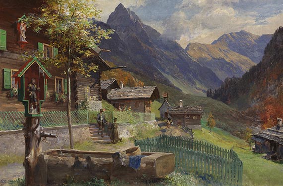 Edward Theodore Compton - Gerstruben, am Dorfbrunnen mit Blick auf die Höfats