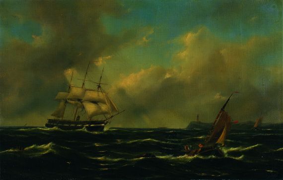 Govert van Emmerick - Segelfregatte und Segelboot vor Steilküste mit Leuchtturm