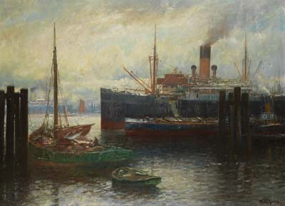 Franz Müller-Gossen - Hamburger Hafen mit Frachtdampfern und Segelbooten