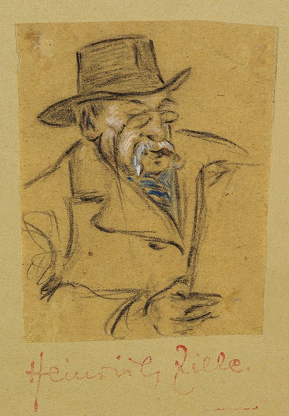 Heinrich Zille - Zeitungslesender Mann mit Hut, Brille und Zigarre