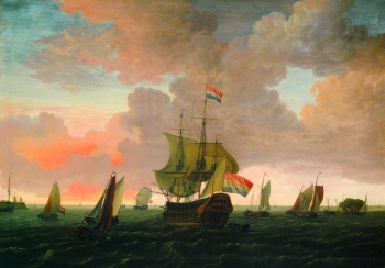 Adam Silo - Holländisches Kriegsschiff und zahlreiche andere Segelschiffe in einer Hafeneinfahrt
