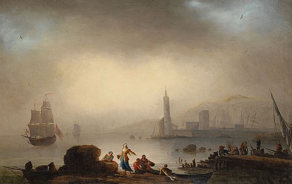 Alexander-Jean Noël - 2 Gemälde: Südliche Küstenlandschaften mit Fischern und Leuchtturm