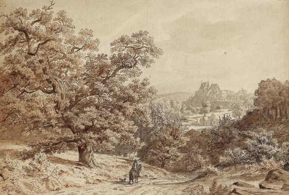 Ferdinand Keller - Waldlandschaft mit Reiter und Blick auf eine Burg