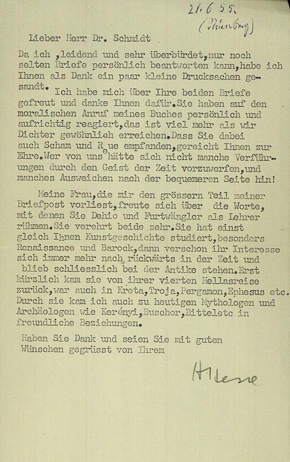 Hermann Hesse - 1 masch. Brief m. U. 1955. - Dabei: Hesse, 1 gedruckter Rundbrief + 1 Beigabe (masch. Gedicht von G.B.).