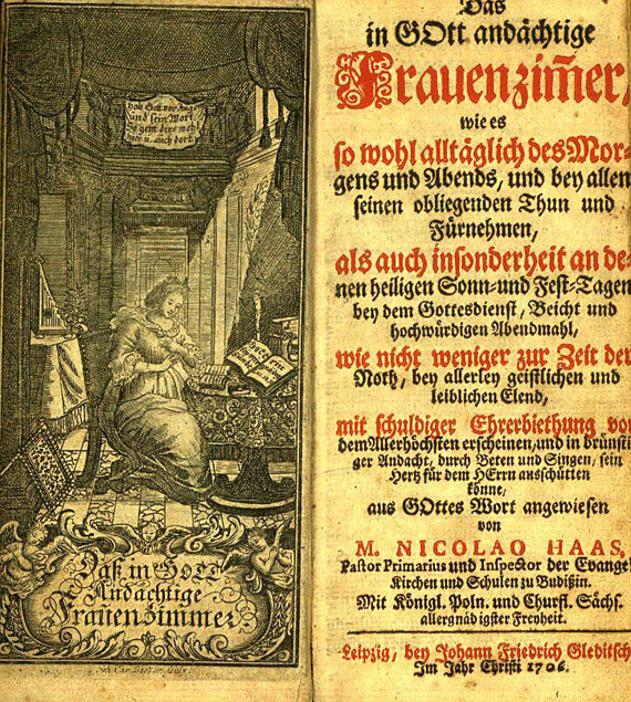 Einbände - Einbd. mit grav. Silberschließe. Darin: N. Haas, Das in Gott andächtige Frauenzimmer. 1706