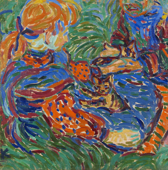 Ernst Ludwig Kirchner - Zwei mit Katzen spielende Mädchen. 1907. Frauen- und Männerkopf