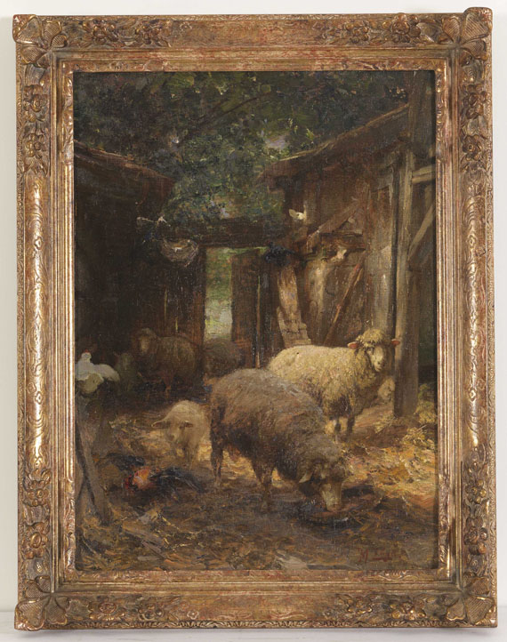 Heinrich von Zügel - Schafe und Lämmer beim Hühnerstall - Image du cadre
