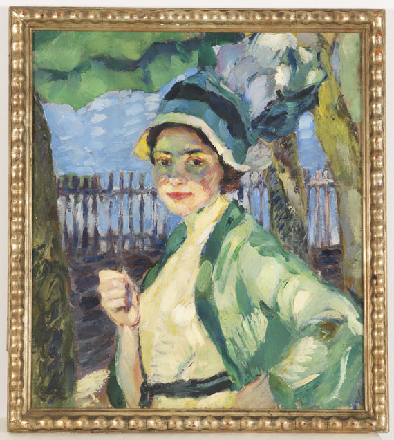 Leo Putz - Porträt einer Dame unter grünem Schirm (Frieda Blell) - Image du cadre