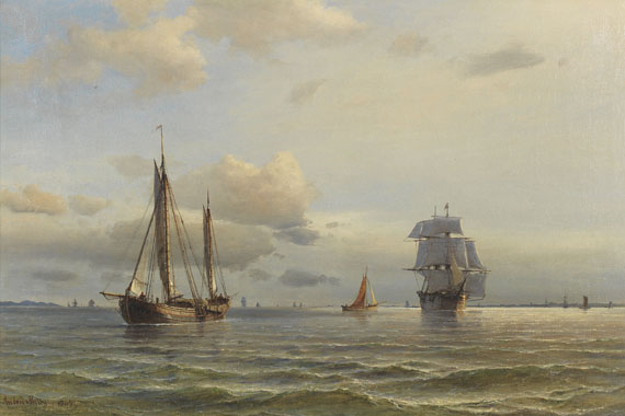 Anton Melbye - Frachtensegler und ein Rahsegler sowie andere Segelschiffe unter der Küste