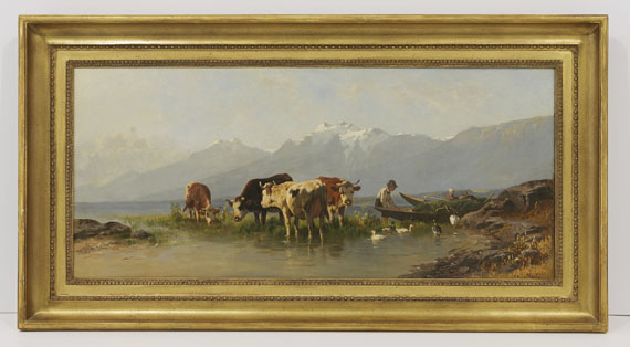Christian Mali - Bauer und Bäuerin mit Gänsen und Kühen am Achensee - Image du cadre