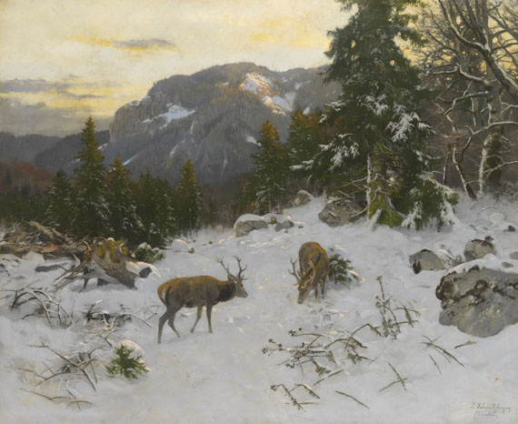 Josef Schmitzberger - Hirsche im winterlichen Gebirge