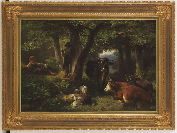 Friedrich Voltz - Hirtenkinder im Wald mit Kühen und Schafen - Image du cadre