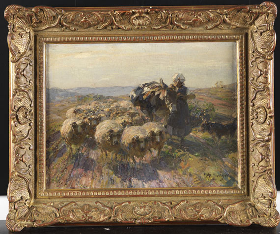 Heinrich von Zügel - Schafherde mit Hirtin und Esel auf dem Feld - Image du cadre