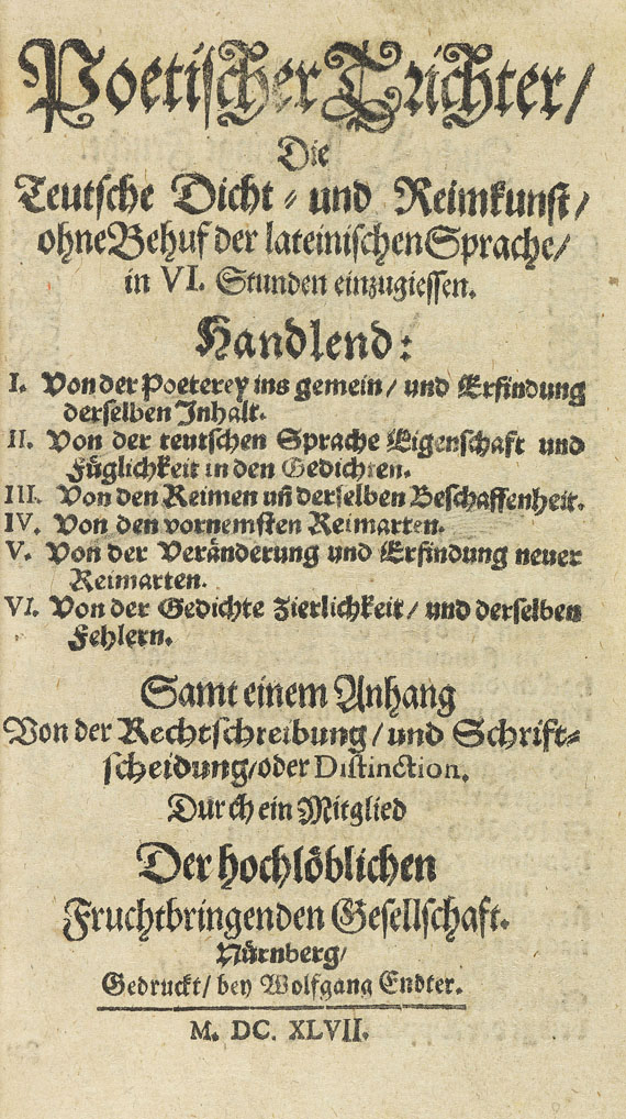Georg Philipp Harsdörffer - Poetischer Trichter. 1647. - Angeb.: Opitz, Prosodia Germanica. - Autre image