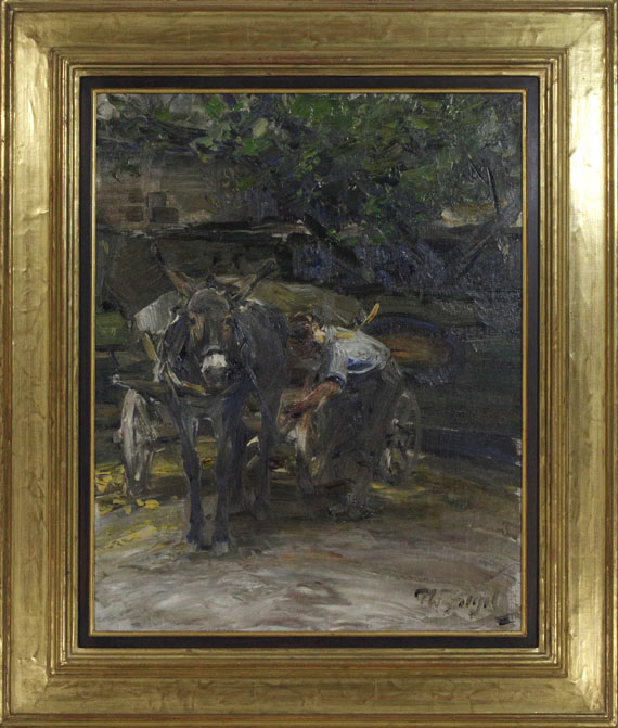 Heinrich von Zügel - Eselfuhrwerk beim Anschirren - Image du cadre