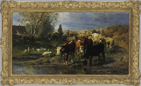 Anton Braith - Hirtenmädchen mit Rindern, Schafen und Gänsen - Image du cadre