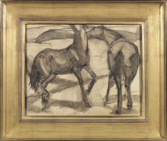 Franz Marc - Zwei Pferde. Verso: Zwei stehende Mädchenakte mit grünem Stein - Image du cadre