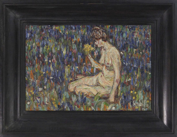 Christian Rohlfs - Frauenakt mit gelbem Blumenstrauß (Mädchen auf der Wiese) - Image du cadre