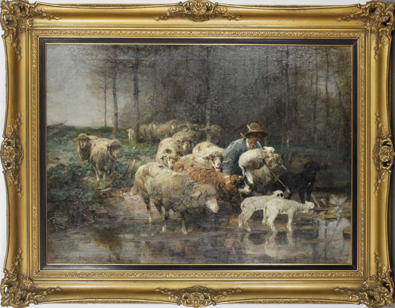 Heinrich von Zügel - Schäfer mit Herde am Wasser - Image du cadre