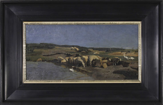 Johann Baptist Hofner - Oberbayerische Landschaft mit Schafen an der Tränke - Image du cadre