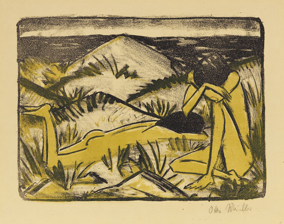 Mueller - Ein in Dünen sitzendes und ein liegendes Mädchen (Zwei Mädchen in den Dünen, Sylt)