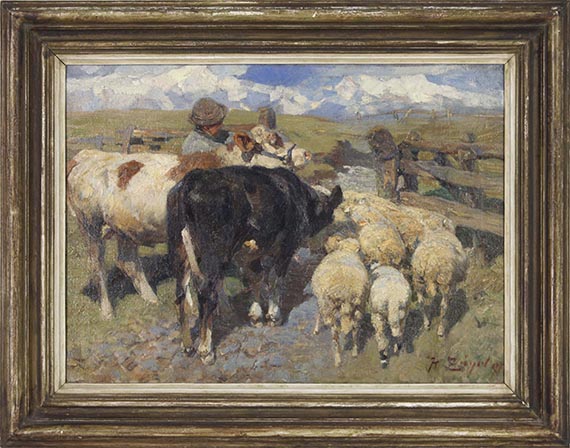 Heinrich von Zügel - Kühe und Schafe am Gatter - Image du cadre