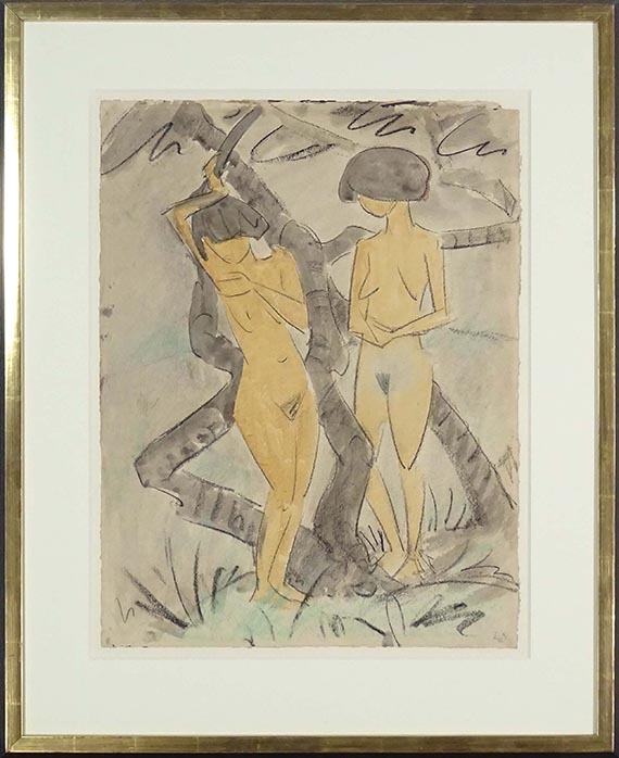Otto Mueller - Zwei Mädchenakte (Zwei stehende Mädchenakte unter Bäumen / Zwei Mädchen neben Baumstämmen stehend) - Image du cadre