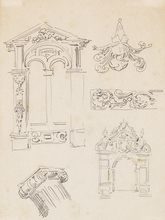 Wilhelm Busch - 6 Bll.: Küchenutensilien (Bl. 1a u. b). Säulenkapitelle (Bl. 2). Säulen, Kapitell und Konsole (Bl. 3). Fensterportale und Architekturornamente (Bl. 4). Buchstaben (Bl. 5) - Autre image