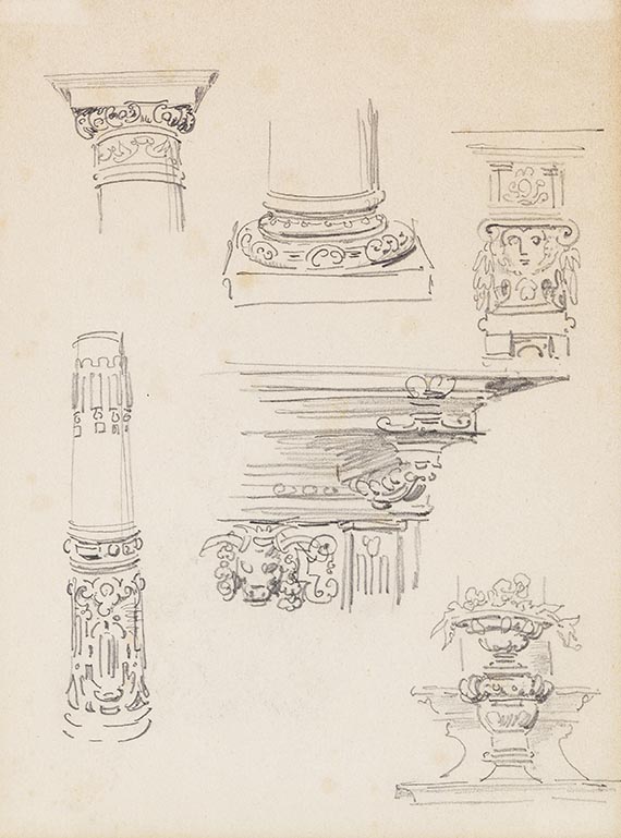Wilhelm Busch - 6 Bll.: Küchenutensilien (Bl. 1a u. b). Säulenkapitelle (Bl. 2). Säulen, Kapitell und Konsole (Bl. 3). Fensterportale und Architekturornamente (Bl. 4). Buchstaben (Bl. 5) - Autre image