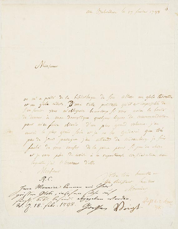 Johann Wolfgang von Goethe - G 8: Eigh. Nachschrift auf Brief von Mounier. 3 Z. m. U. u. Gegenzeichung von Voigt
