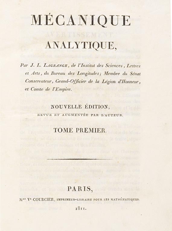 Joseph-Louis (Giuseppe Luigi) Lagrange (Lagrangia) - Mécanique analytic. 2 Bände