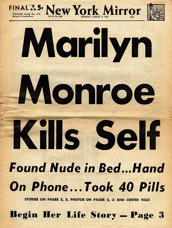 Illustration for: Headline about the death of Marilyn Monroe in the New York Mirror, August 6, 1962.