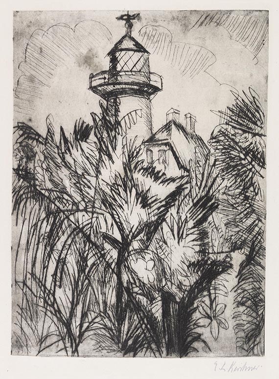 Illustration  for: Ernst Ludwig Kirchner, Leuchtturm im Gr&uuml;nen, Fehmarn, 1913, etching, private collection.