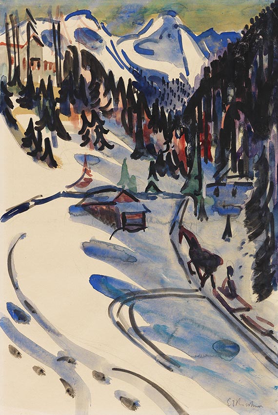 Illustration  for: Ernst Ludwig Kirchner, Sertigtal im Winter, 1924/25, watercolor over pencil, auctioned at Ketterer Kunst, December 12, 2020. 
