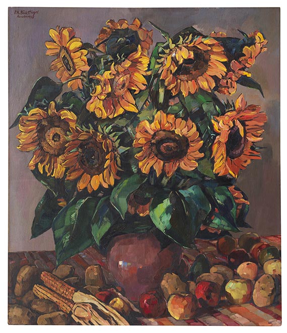 Peter August Böckstiegel - Sonnenblumen mit Äpfeln und Maiskolben