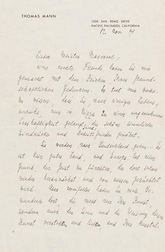 Thomas Mann - Eigh Brief m. U an Franz Masereel