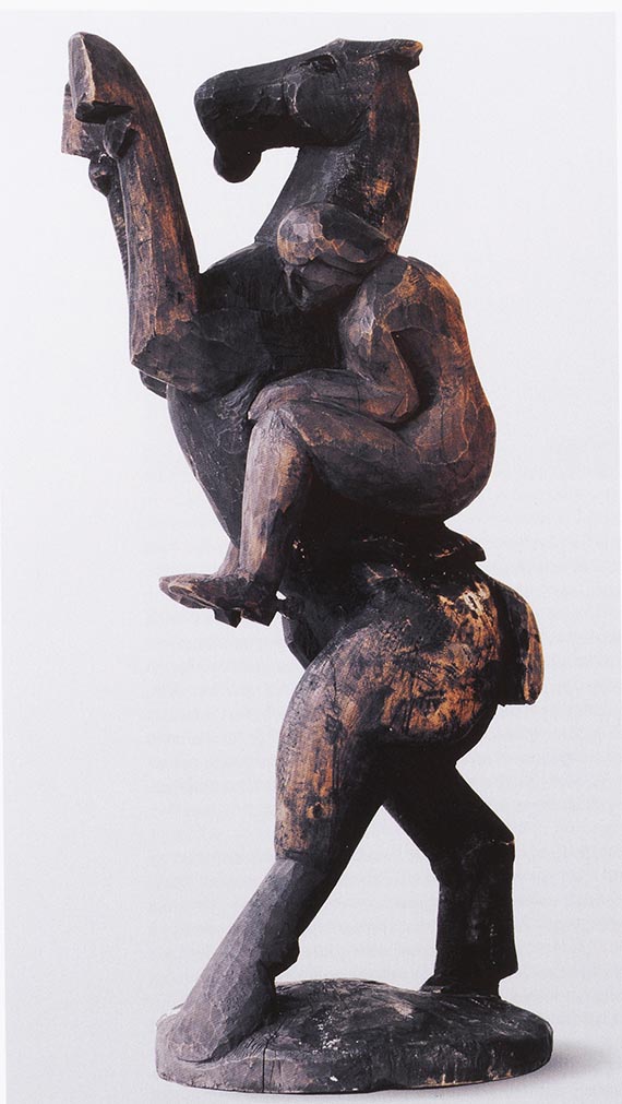 Illustration  for: E. L. Kirchner, B&auml;umender Reiter (Rider on a Rearing Horse), chestnut wood, ca. 1915, Franz Marc Museum, Kochel am See (on loan from a private collection).
